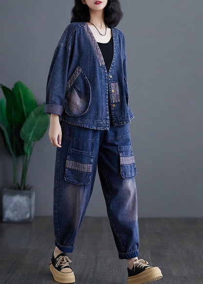 Navy V Neck Patchwork Denim Coats and Harem Pants Two Pieces Sets Long Sleeve Ap032