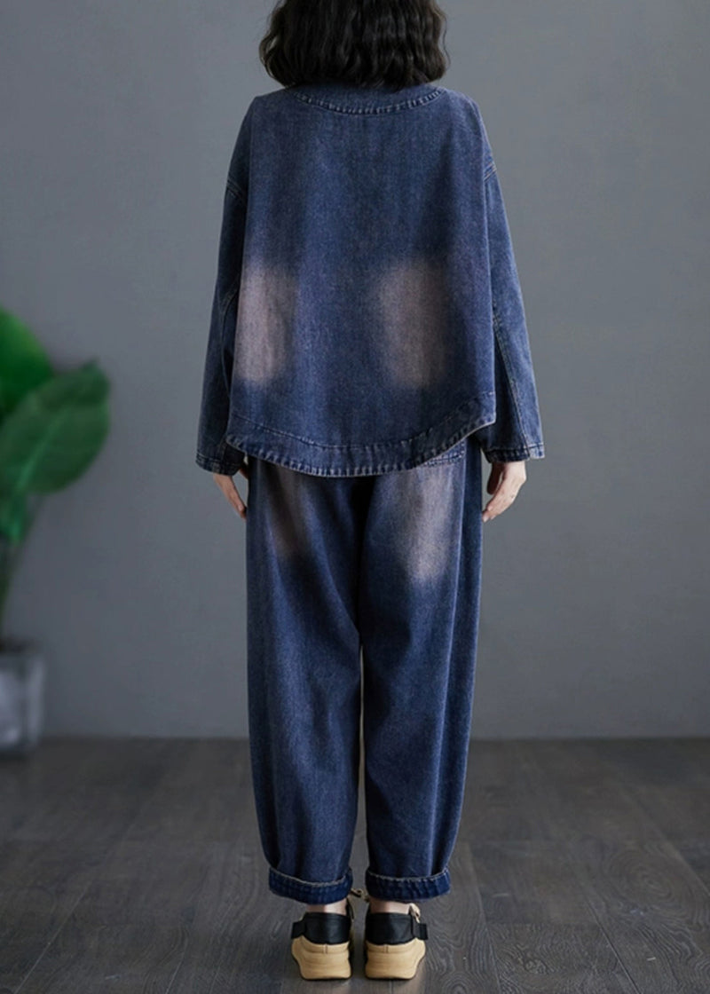 Navy V Neck Patchwork Denim Coats and Harem Pants Two Pieces Sets Long Sleeve Ap032