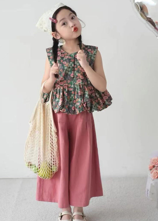 O-neck Print Kids Shirt and Crop Pants Two Pieces Set Summer Ss1018