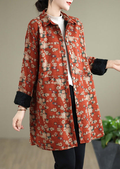 Orange Peter Pan Collar Print Warm Fleece Shirts Coat Spring Ti017