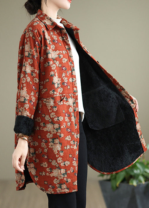 Orange Peter Pan Collar Print Warm Fleece Shirts Coat Spring Ti017