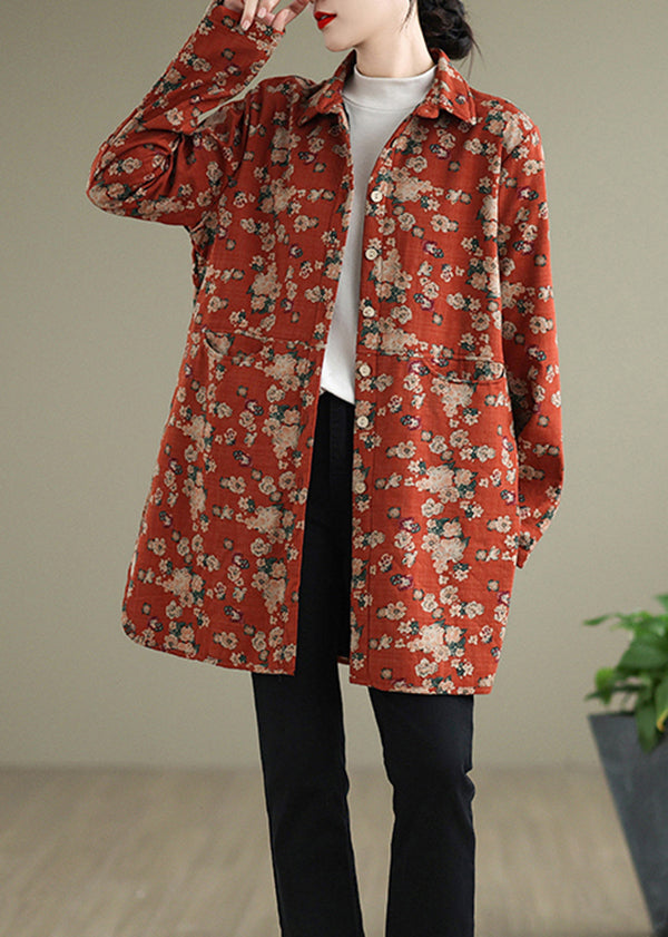 Orange Peter Pan Collar Print Warm Fleece Shirts Coat Spring Ti017