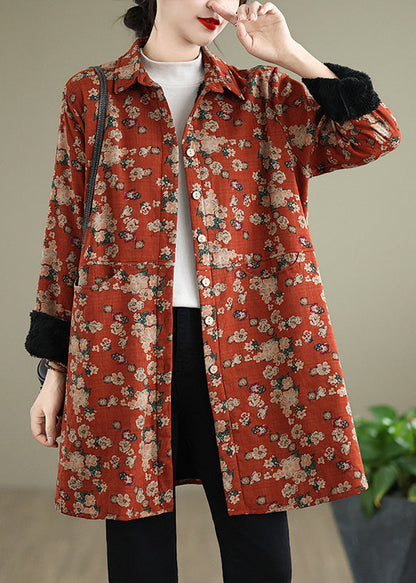Orange Peter Pan Collar Print Warm Fleece Shirts Coat Spring Ti017