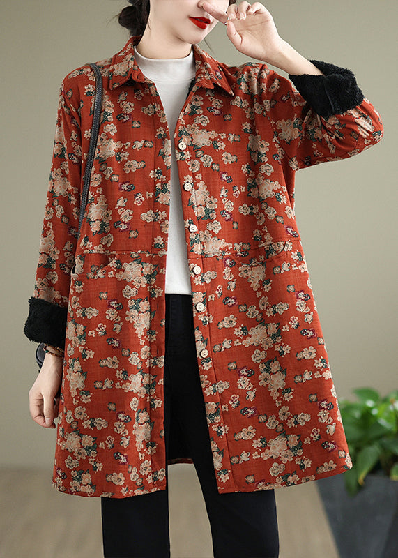Orange Peter Pan Collar Print Warm Fleece Shirts Coat Spring Ti017
