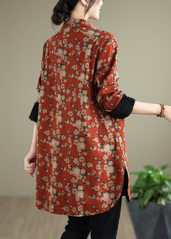 Orange Peter Pan Collar Print Warm Fleece Shirts Coat Spring Ti017