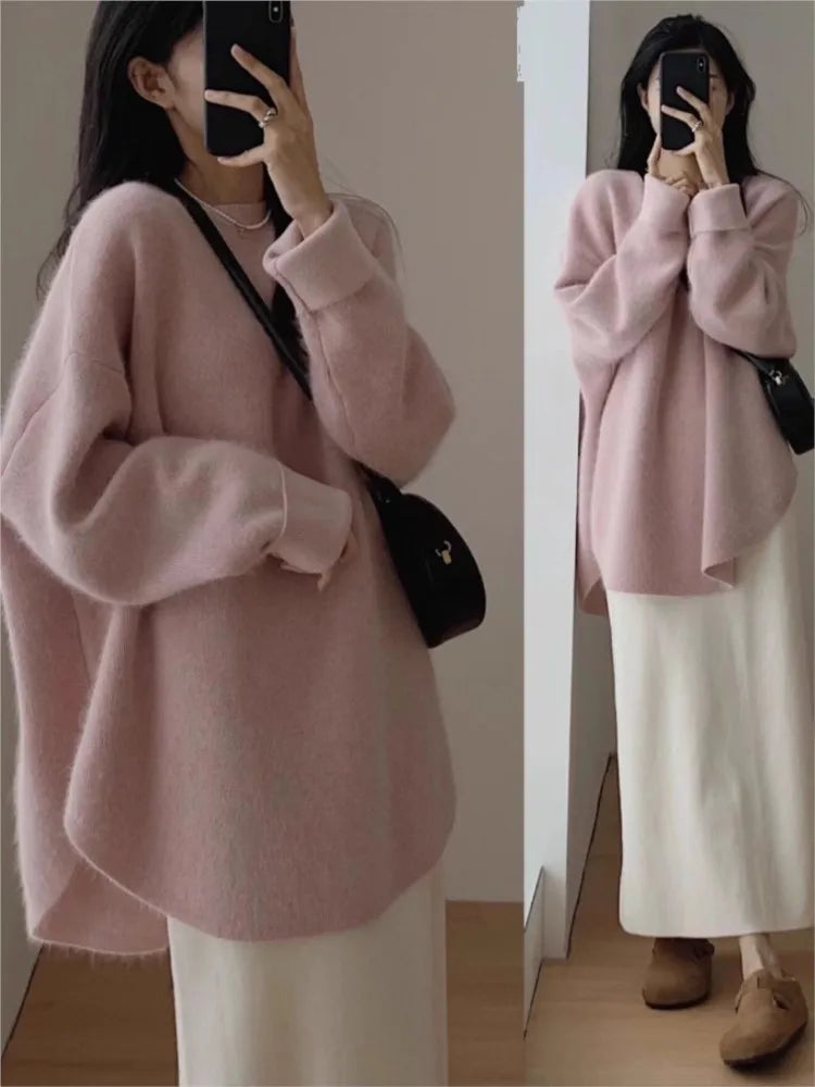 Oversized Knitted Sweater Autumn Winter O-neck Korean Mid Length Loose Pullover Knitwear Top