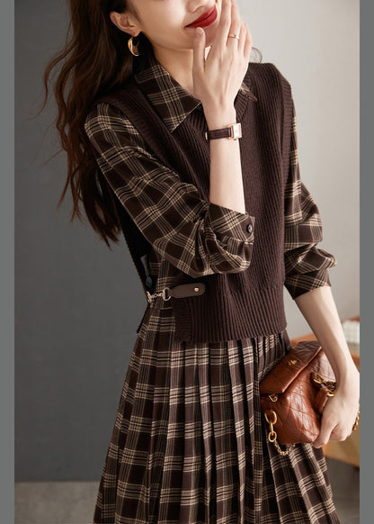 Peter Pan Collar Plaid Knit Waistcoat and Mid Dresstwo Pieces Set Spring Ly0435