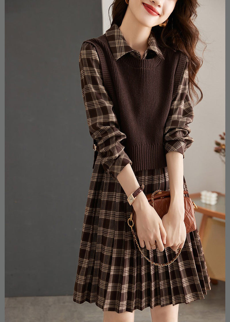 Peter Pan Collar Plaid Knit Waistcoat and Mid Dresstwo Pieces Set Spring Ly0435