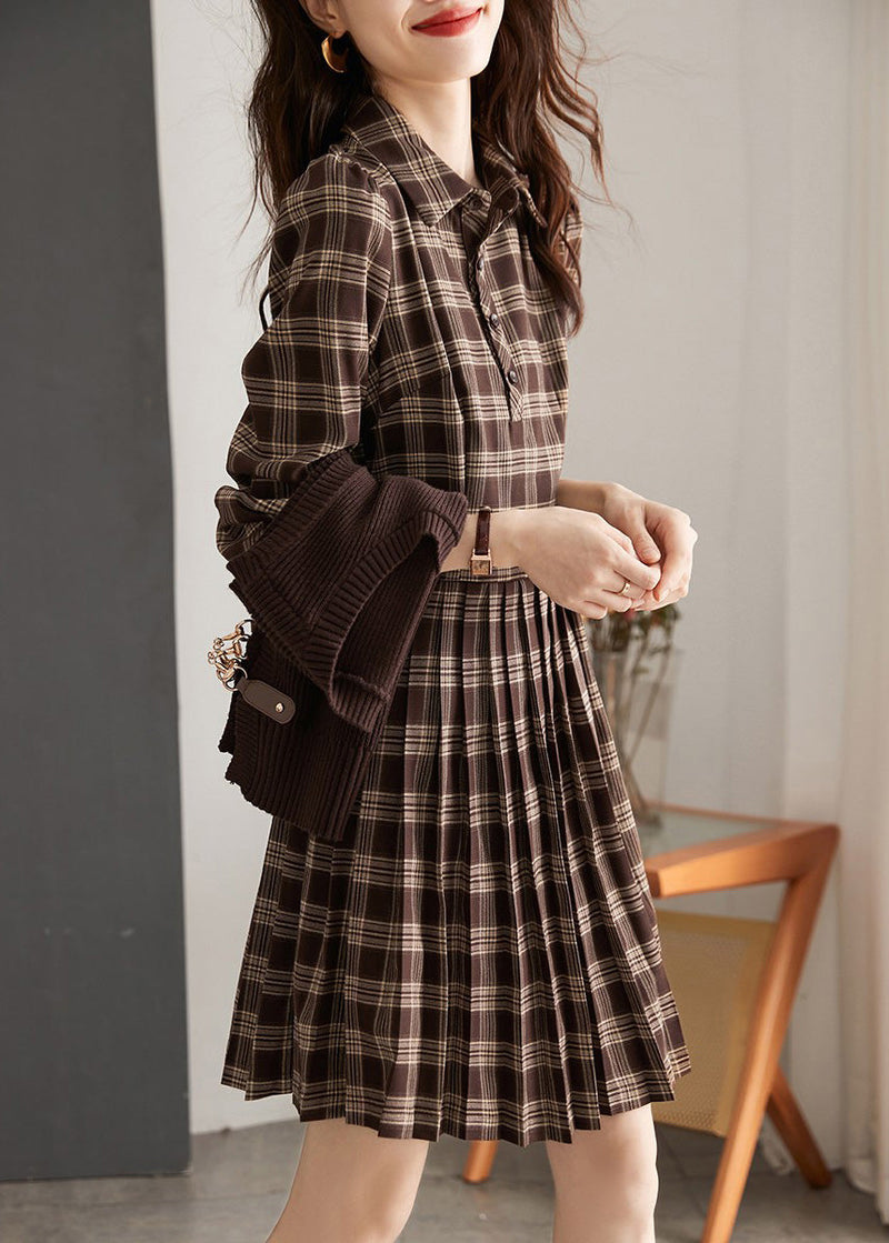 Peter Pan Collar Plaid Knit Waistcoat and Mid Dresstwo Pieces Set Spring Ly0435