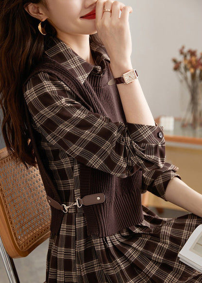 Peter Pan Collar Plaid Knit Waistcoat and Mid Dresstwo Pieces Set Spring Ly0435