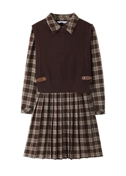 Peter Pan Collar Plaid Knit Waistcoat and Mid Dresstwo Pieces Set Spring Ly0435