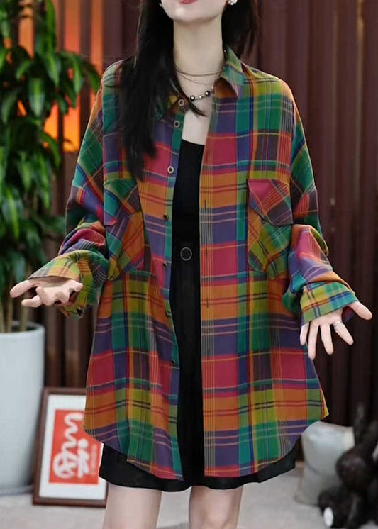 Peter Pan Collar Pockets Plaid Cotton Shirts Coats Fall Ql056