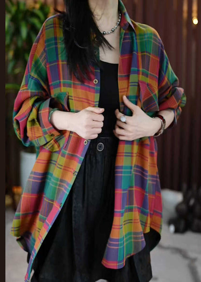 Peter Pan Collar Pockets Plaid Cotton Shirts Coats Fall Ql056