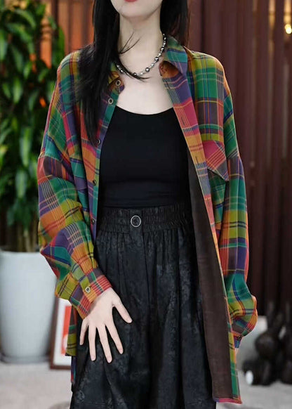 Peter Pan Collar Pockets Plaid Cotton Shirts Coats Fall Ql056