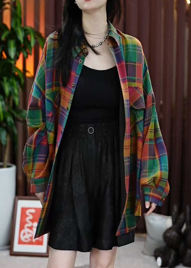 Peter Pan Collar Pockets Plaid Cotton Shirts Coats Fall Ql056