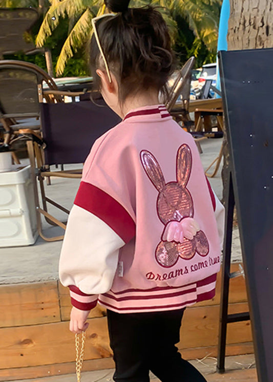 Pink O-neck Patchwork Kids Coat Fall Qv033