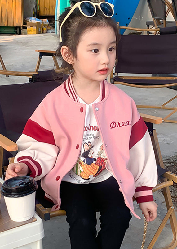 Pink O-neck Patchwork Kids Coat Fall Qv033