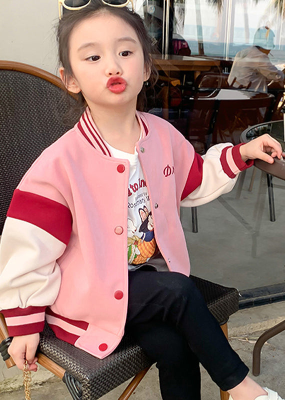 Pink O-neck Patchwork Kids Coat Fall Qv033