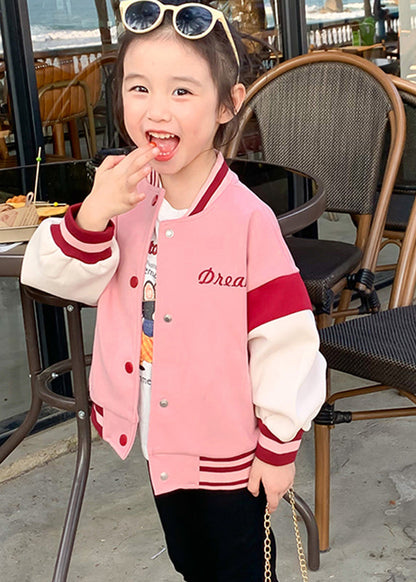 Pink O-neck Patchwork Kids Coat Fall Qv033