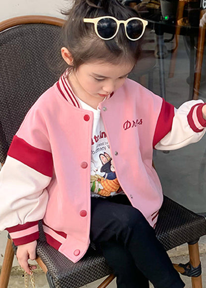 Pink O-neck Patchwork Kids Coat Fall Qv033
