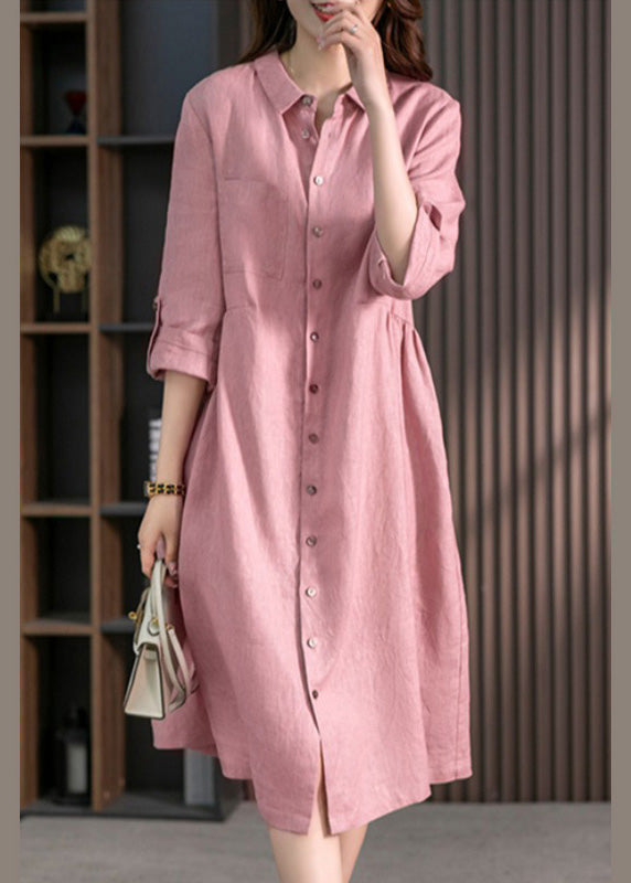 Pink Peter Pan Collar Button Wrinkled Maxi Dresses Long Sleeve Ly1739
