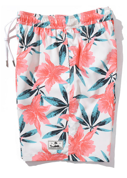 Waist Elastic Print Summer Pockets Cotton Shorts Pink