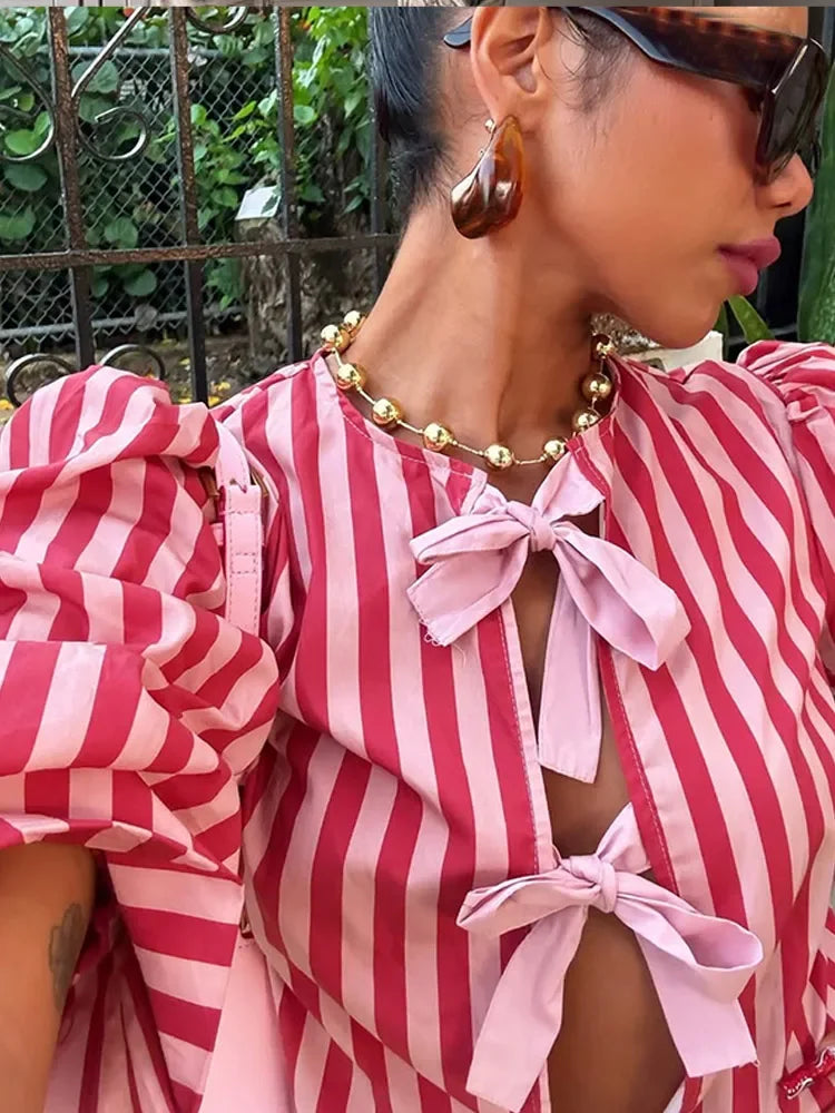 Pink Stripe Bow Lace Up Short Blouse
