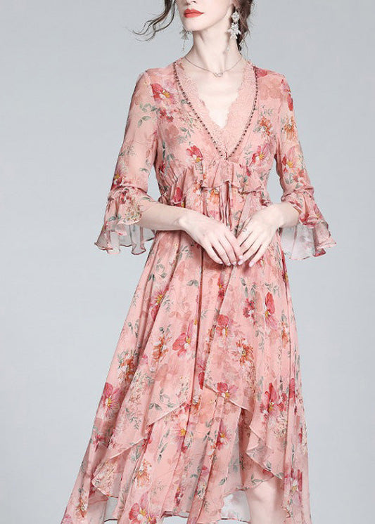 Pink V Neck Print Tie Waist Silk Long Dresses Spring Ly0136
