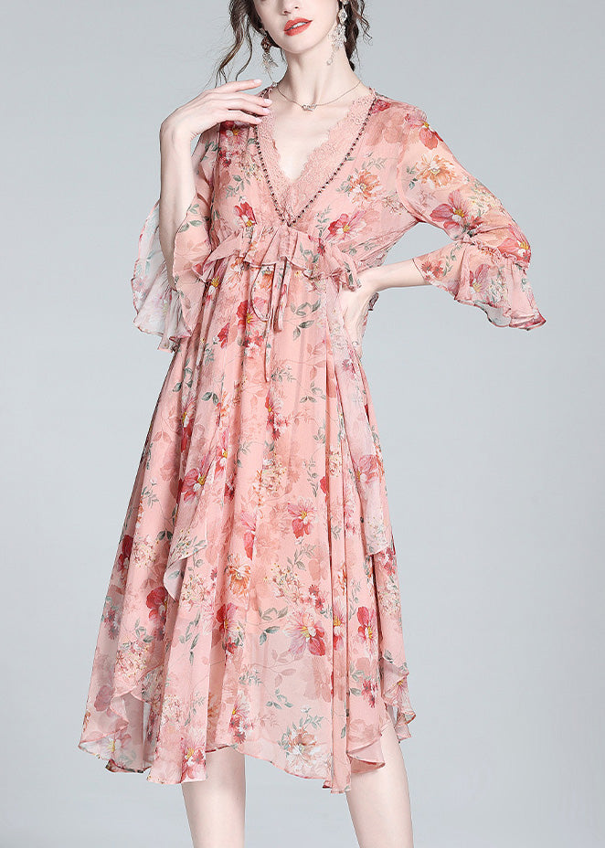 Pink V Neck Print Tie Waist Silk Long Dresses Spring Ly0136