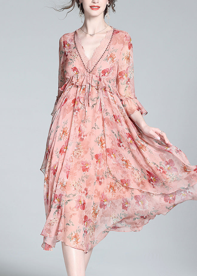 Pink V Neck Print Tie Waist Silk Long Dresses Spring Ly0136