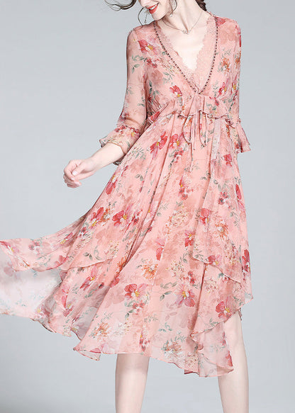 Pink V Neck Print Tie Waist Silk Long Dresses Spring Ly0136