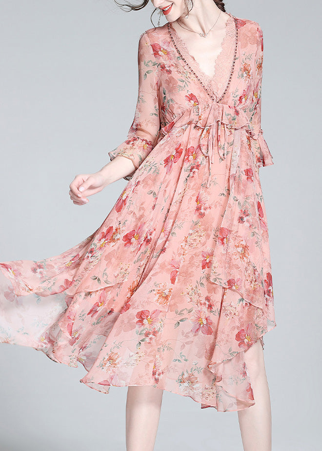 Pink V Neck Print Tie Waist Silk Long Dresses Spring Ly0136