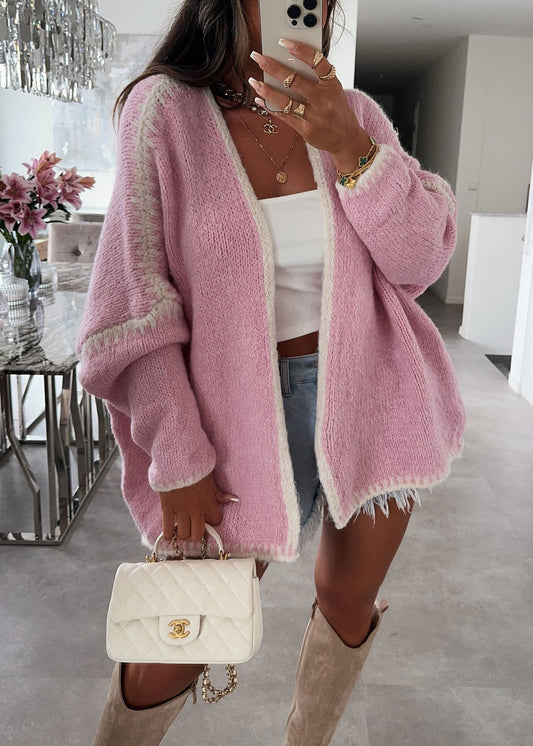Pink V Neck Knit Loose Cardigans Fall Qy026