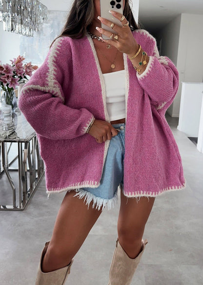 Pink V Neck Knit Loose Cardigans Fall Qy026