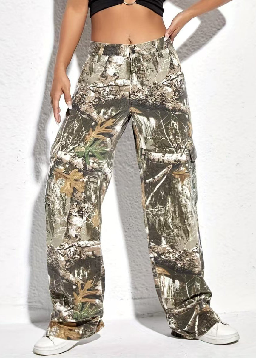 Pockets Print Spring Pants Waist High Cotton