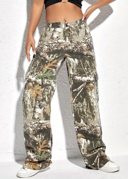 Pockets Print Spring Pants Waist High Cotton