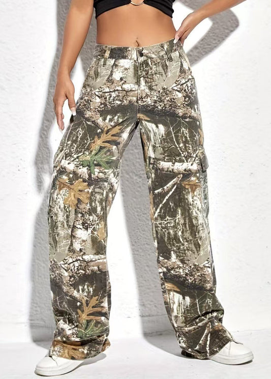 Pockets Print Spring Pants Waist High Cotton