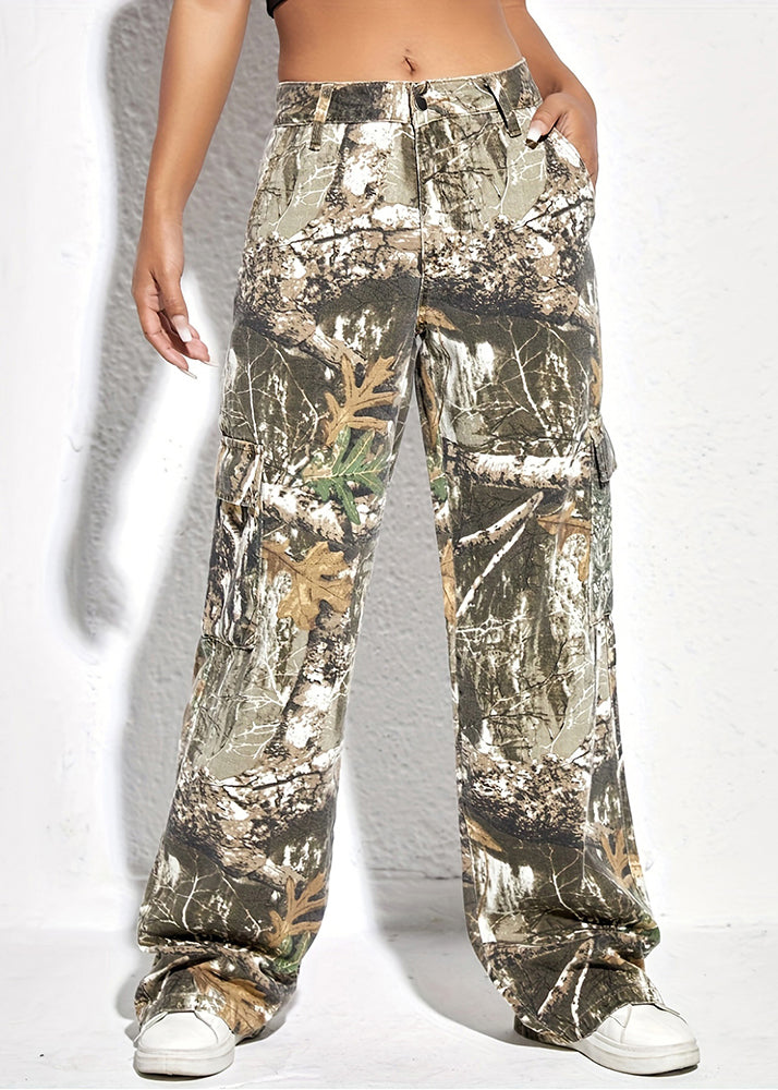 Pockets Print Spring Pants Waist High Cotton