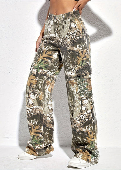 Pockets Print Spring Pants Waist High Cotton
