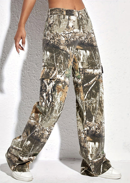 Pockets Print Spring Pants Waist High Cotton