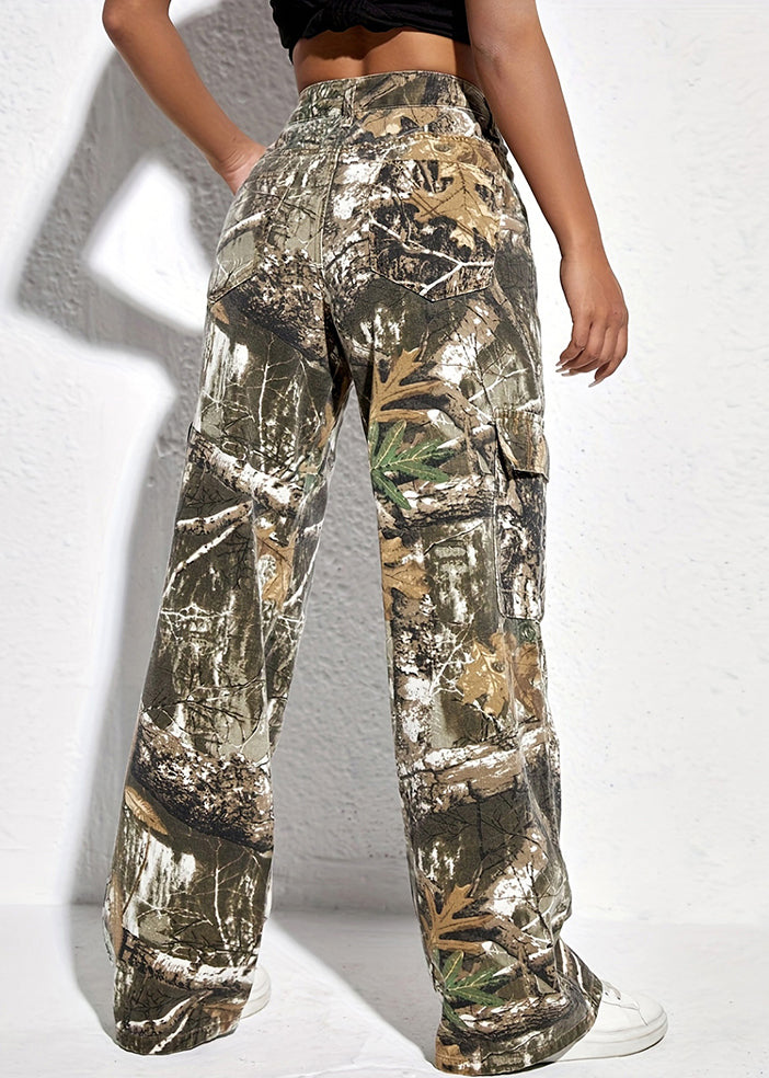 Pockets Print Spring Pants Waist High Cotton