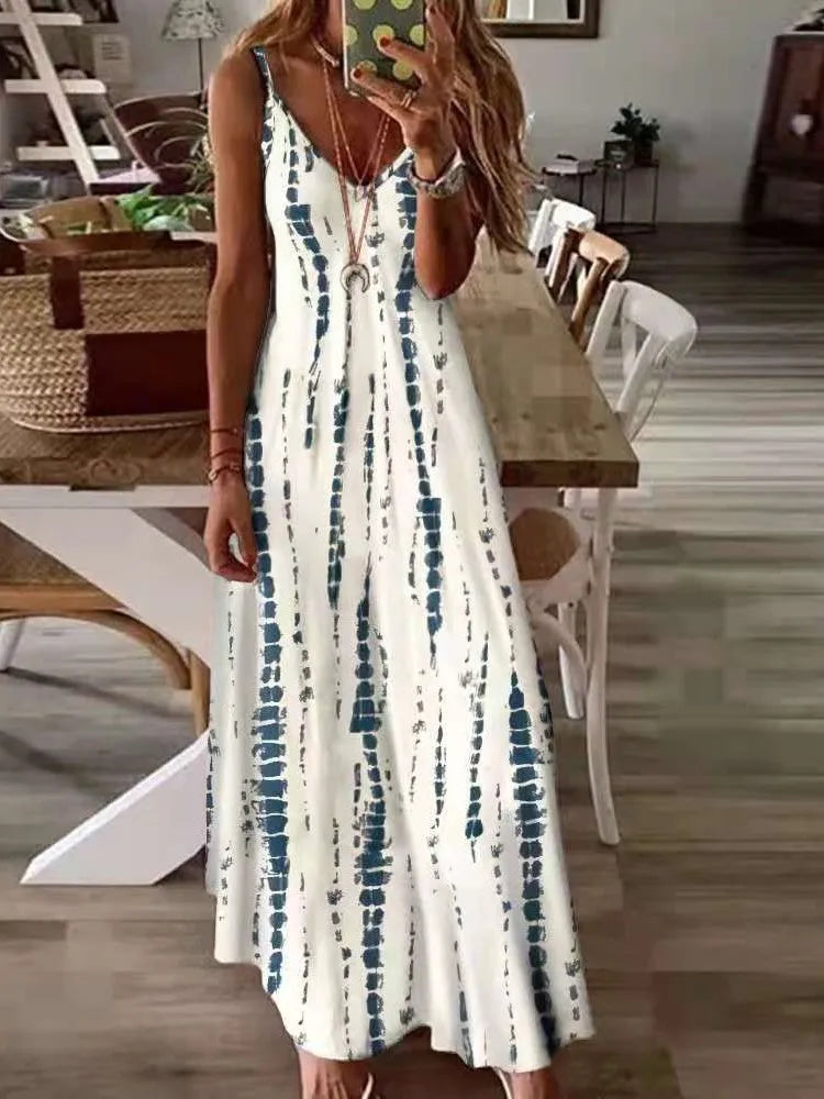 Printed Maxi Spaghetti Strap Dresses for V-neck Backless A-line Long Dress Style Beach Vestidos