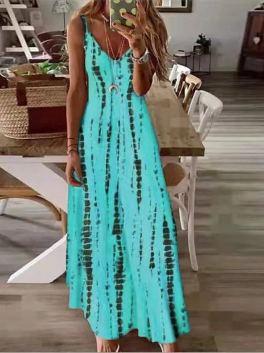 Printed Maxi Spaghetti Strap Dresses for V-neck Backless A-line Long Dress Style Beach Vestidos