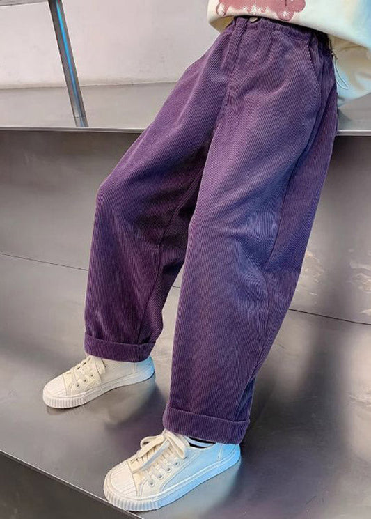 Purple Pockets Elastic Waist Corduroy Kids Straight Pants Spring Tv009