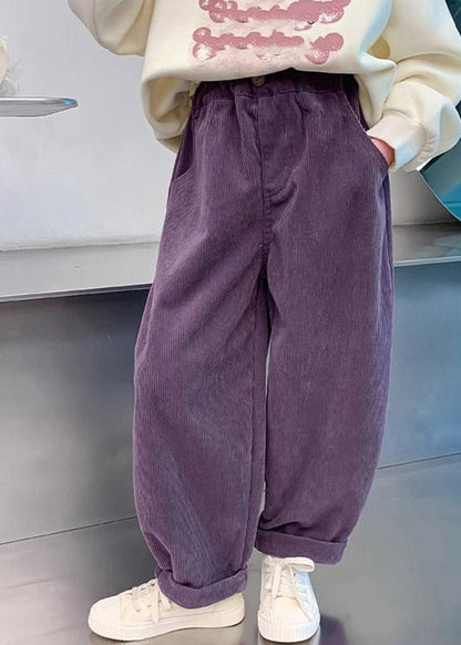 Purple Pockets Elastic Waist Corduroy Kids Straight Pants Spring Tv009