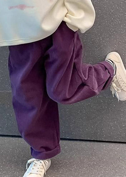 Purple Pockets Elastic Waist Corduroy Kids Straight Pants Spring Tv009