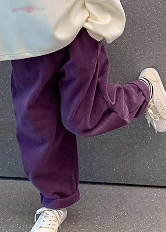 Purple Pockets Elastic Waist Corduroy Kids Straight Pants Spring Tv009