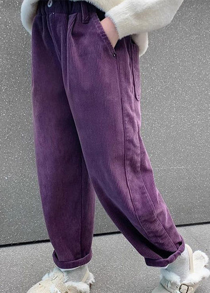 Purple Pockets Elastic Waist Corduroy Kids Straight Pants Spring Tv009
