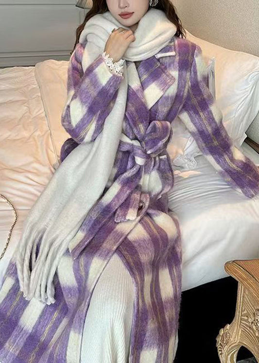 Purple Pockets Plaid Patchwork Long Woolen Coats Winter Rd001