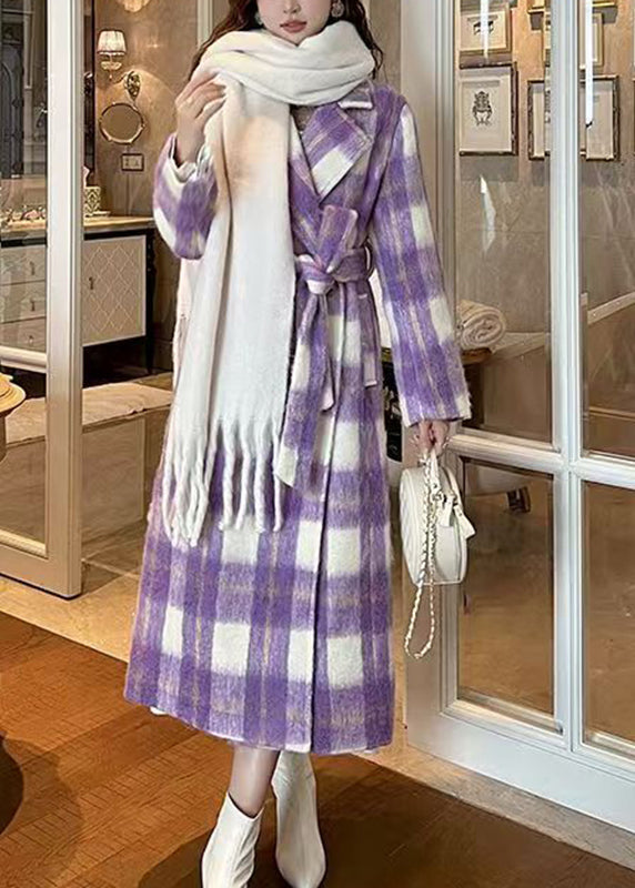 Purple Pockets Plaid Patchwork Long Woolen Coats Winter Rd001
